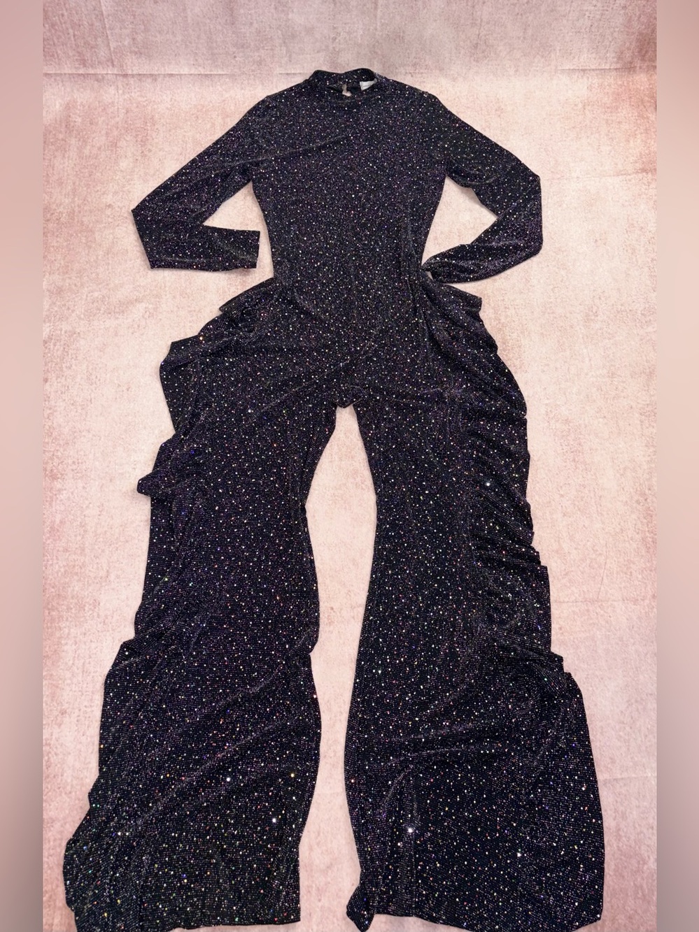 Size Large/XL Beautiful Long Sleeve Sparkling Wide-Leg Side Ruffles Jumpsuit